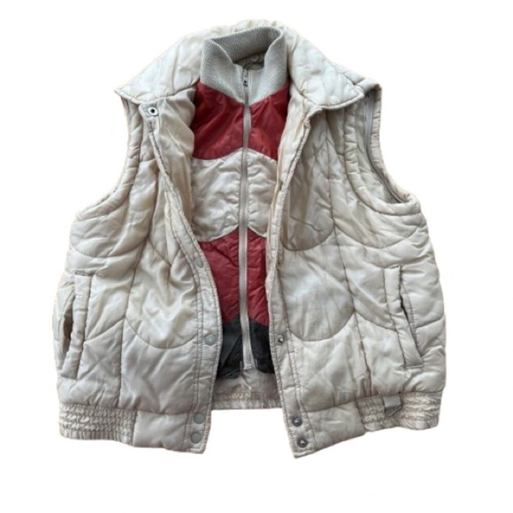 Vintage 80's Tan Puffer Vest Earth Tones Neutral Stripes Snaps Quilted Insulated